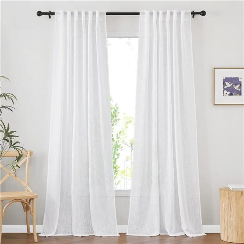 White Sheer Linen Curtains for Living Room, Rod Pocket & Back Tab Sweep to Floor